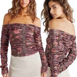 Free People Reina Floral Velvet Off the Shoulder Top Women's Small Brown Ruched